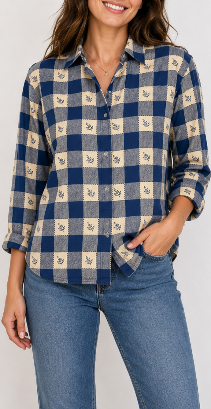 Blair Womens Large Blue Cream Plaid Leaf Print 100% Cotton Cottage Country